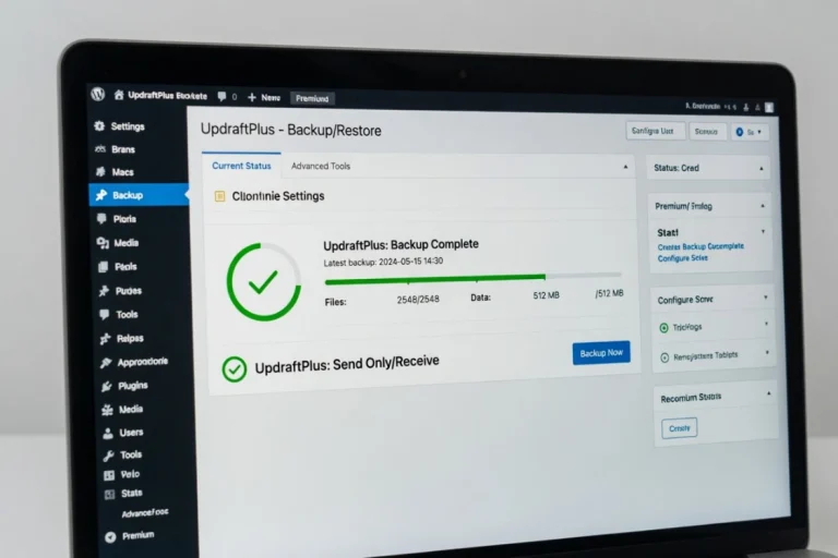 Close-up studio photo of laptop screen displaying successful WordPress backup in UpdraftPlus plugin interface
