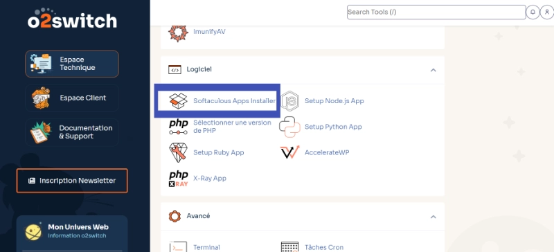 o2switch cPanel interface highlighting the Softaculous Apps Installer option in the Logiciel section for quick WordPress installation.