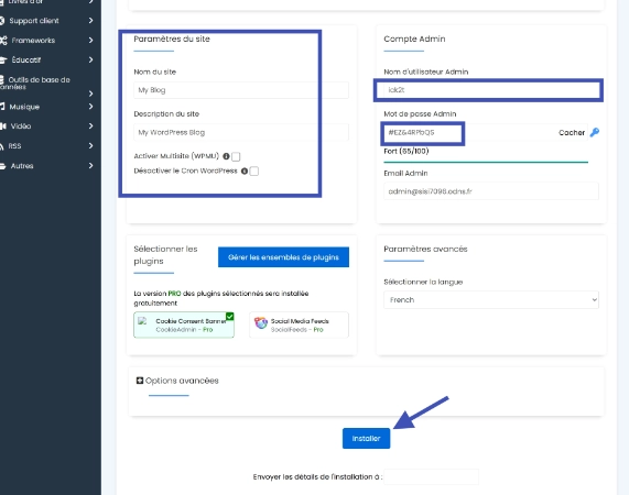 Softaculous WordPress installation form in o2switch cPanel showing site parameters, admin username, password strength and final Install button.