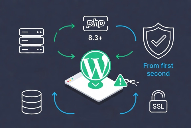 Flat vector illustration showing pre-installation requirements for WordPress including PHP version, MySQL database, and SSL certificate verification before using Softaculous.