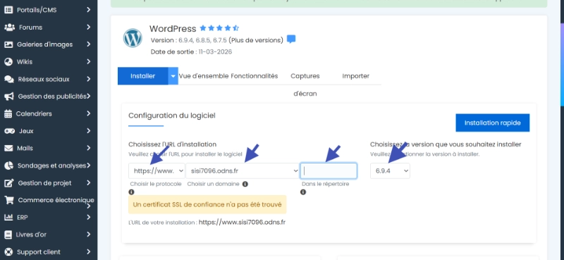 Softaculous WordPress installation screen in o2switch cPanel showing domain selection, version choice and SSL warning with highlighted fields.