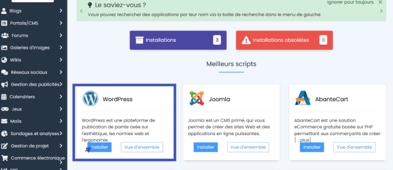 Softaculous Apps Installer interface in o2switch cPanel with WordPress highlighted and ready to install with one click.