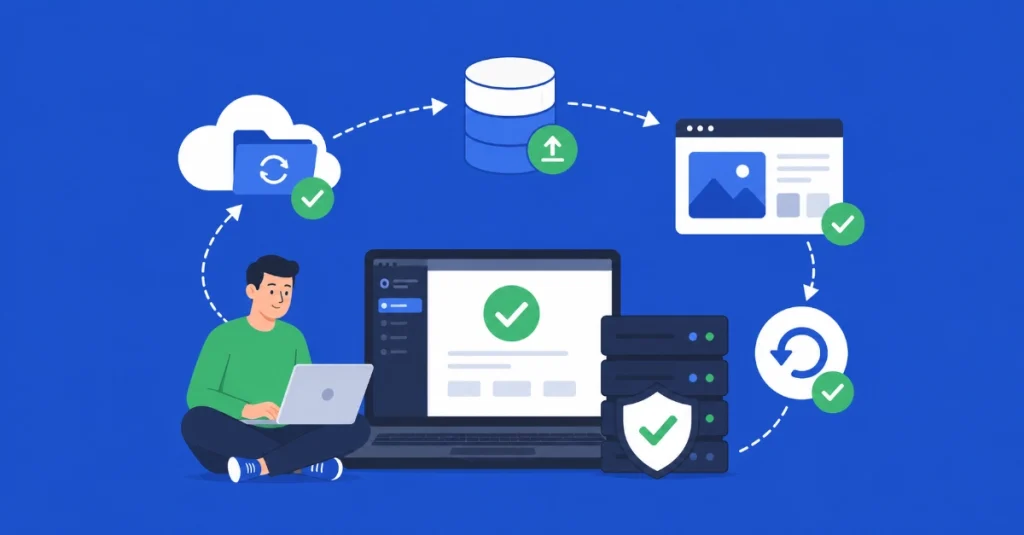 Flat vector illustration of WordPress backup testing process with cloud storage server restore workflow and secure backup verification
