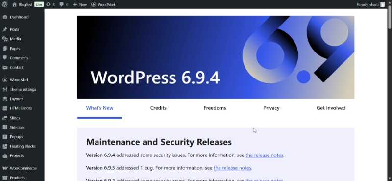 WordPress 6.9.4 dashboard showing What’s New screen with maintenance and security release details