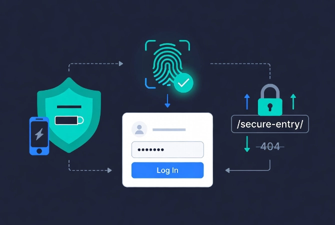 Flat vector illustration of advanced WordPress security with passkeys, 2FA, and custom login URL in 2026