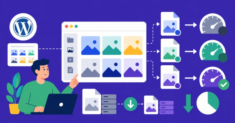 Flat vector illustration of WordPress media library workflow converting images to AVIF format for better performance