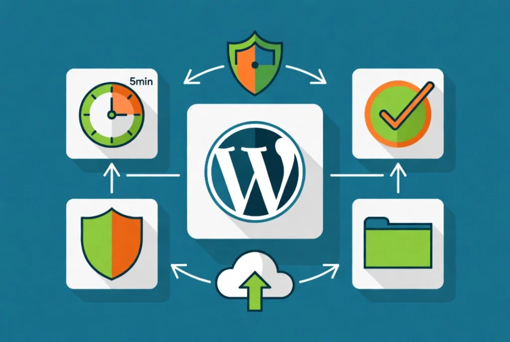 Flat vector illustration of fast WordPress backup with central logo clock shield and cloud icons on teal background
