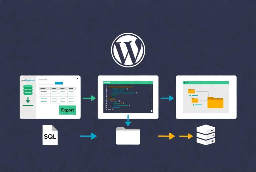 Flat vector illustration of manual WordPress backup methods with phpMyAdmin CLI and FTP icons on navy background