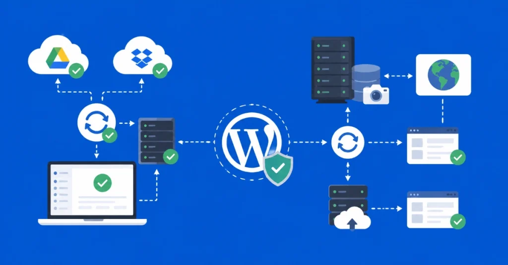 Flat vector illustration showing WordPress backup strategy with cloud storage server backups and website restore workflow