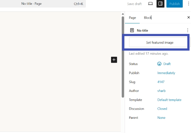 A partial screenshot of the WordPress block editor showing the right-hand page settings panel with a highlighted "Set featured image" button.