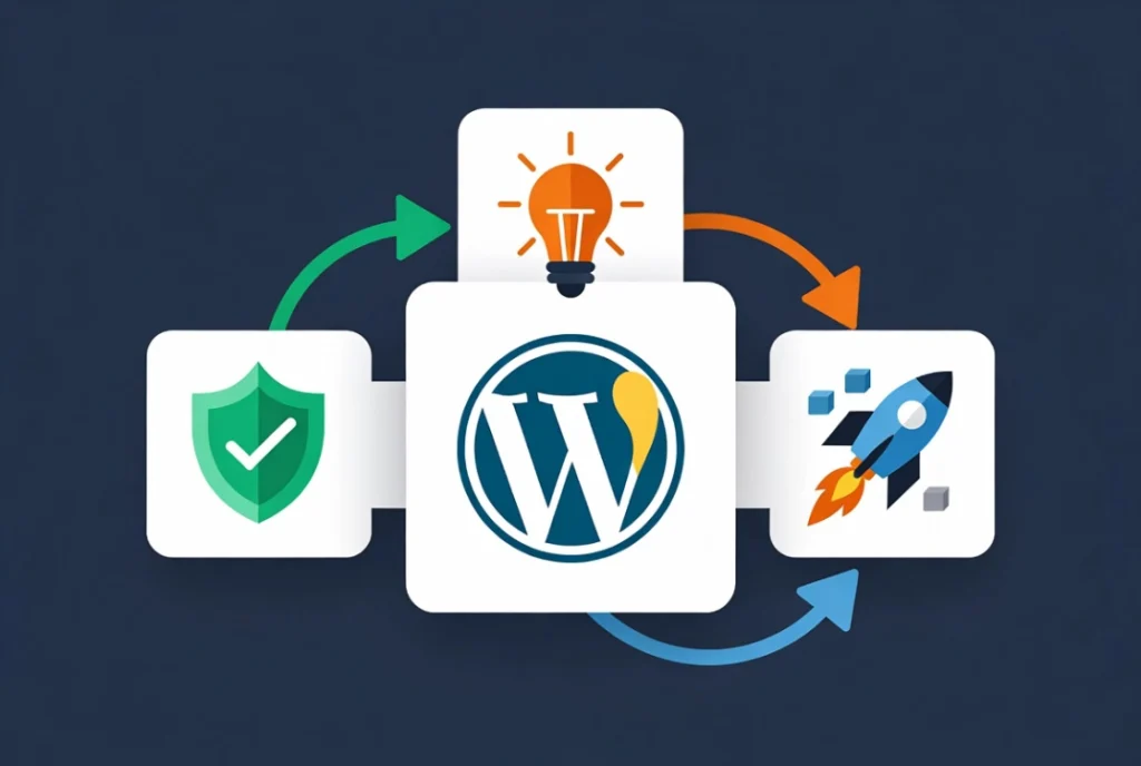 Flat vector illustration of WordPress core update benefits with security shield performance rocket and new features icons on navy background