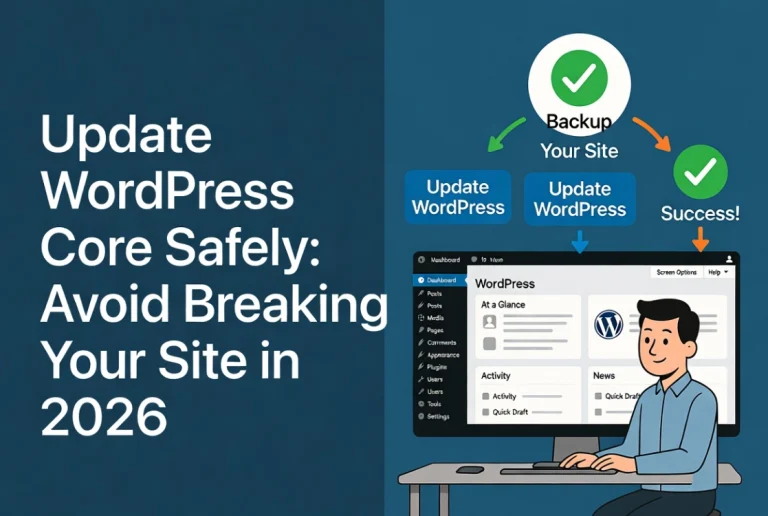 Flat vector illustration with title Update WordPress Core Safely next to safe update workflow on teal background