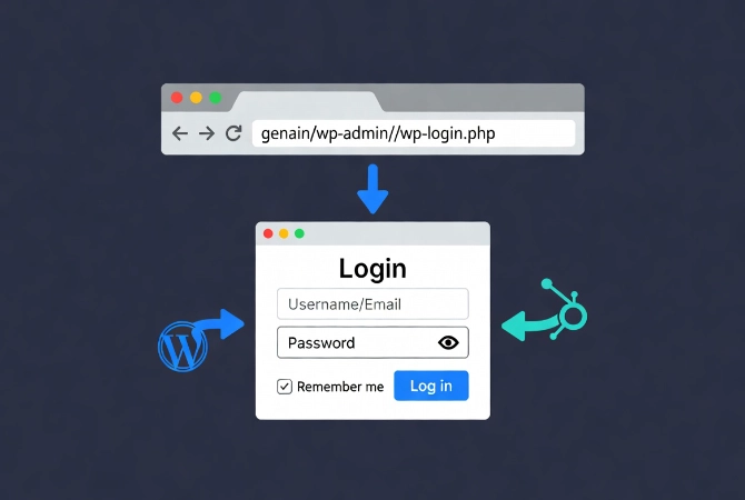 Flat vector illustration showing WordPress default login path with browser address bar and login form