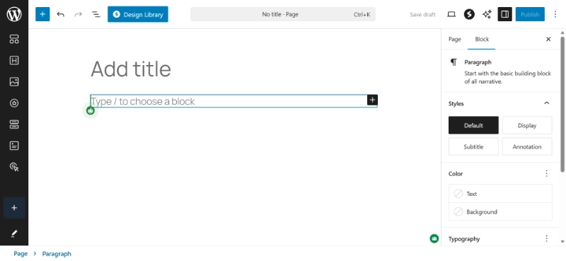 WordPress Gutenberg editor interface showing block editor with add title and paragraph block options