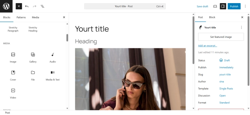 WordPress block editor showing featured image of woman with sunglasses added to a new post draft with right sidebar settings visible