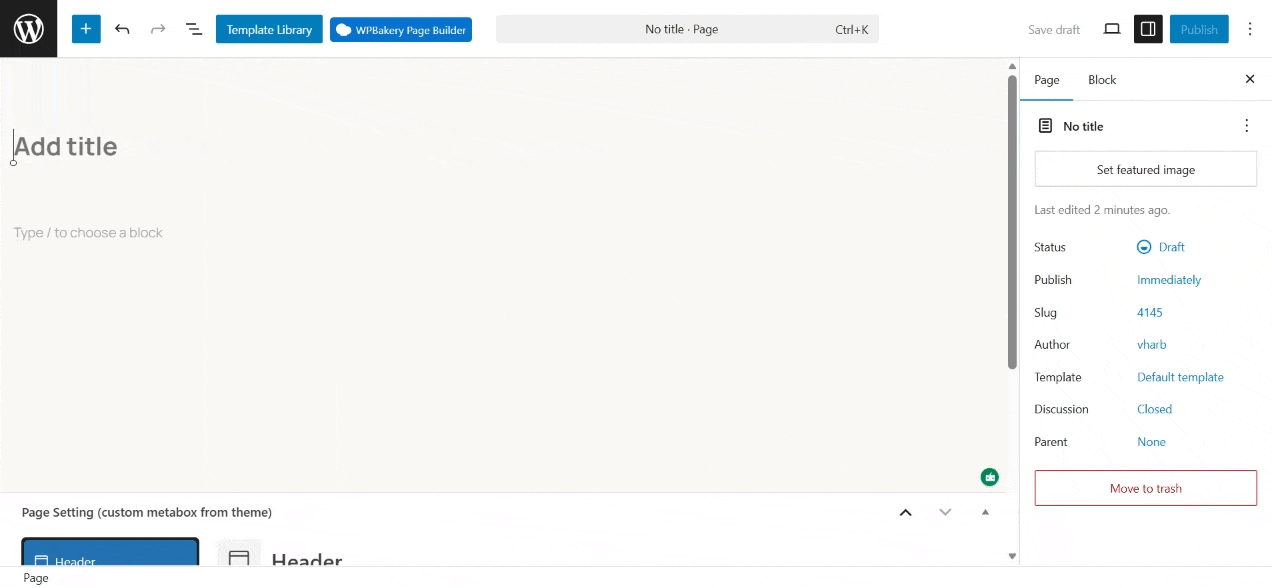 A screenshot of the default WordPress Gutenberg block editor interface, showing an empty page with placeholder text "Add title", a sidebar with page settings, and a footer section for theme metaboxes.