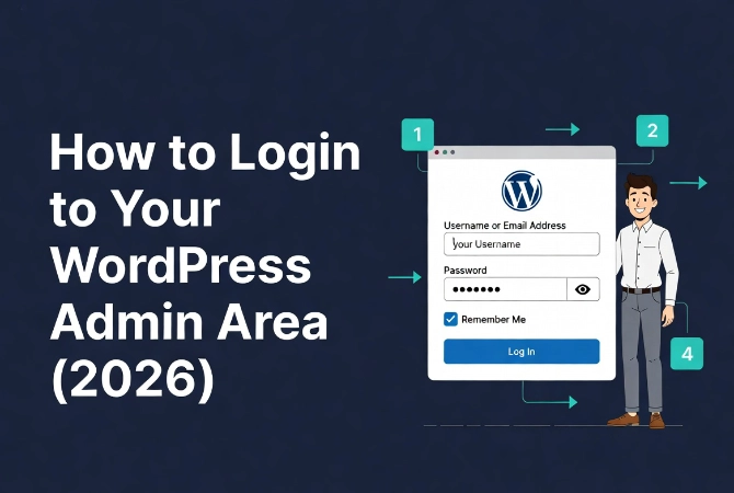 Flat vector illustration of WordPress admin login tutorial with cartoon man and login form