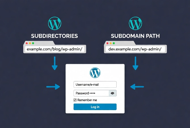 Flat vector illustration of WordPress login URLs for subdirectories and subdomains leading to the admin login form