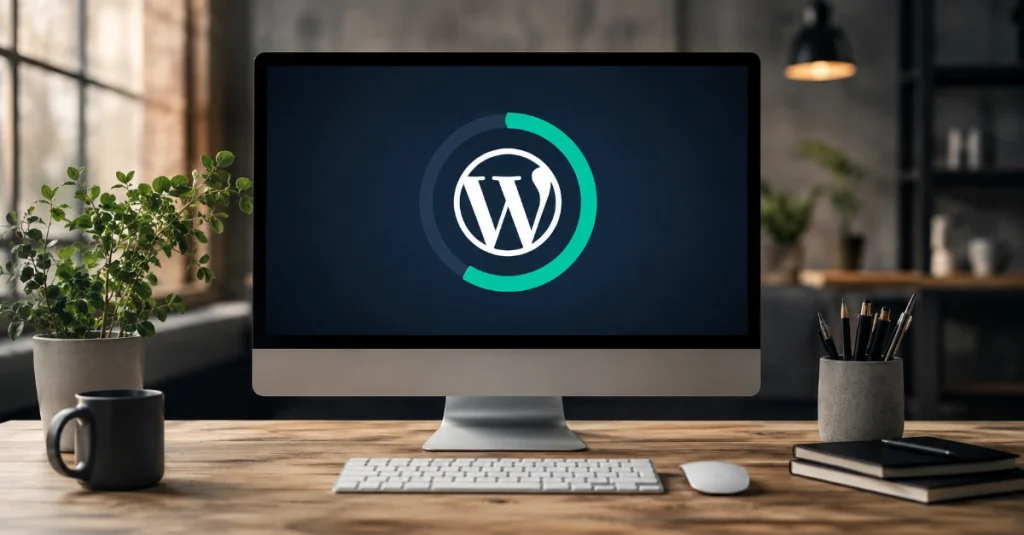 Desktop monitor displaying WordPress logo on a modern wooden workspace desk with keyboard and plants