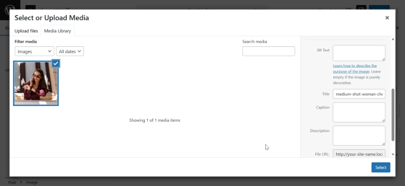 WordPress media library interface showing selected photo of woman in sunglasses with alt text and title fields visible