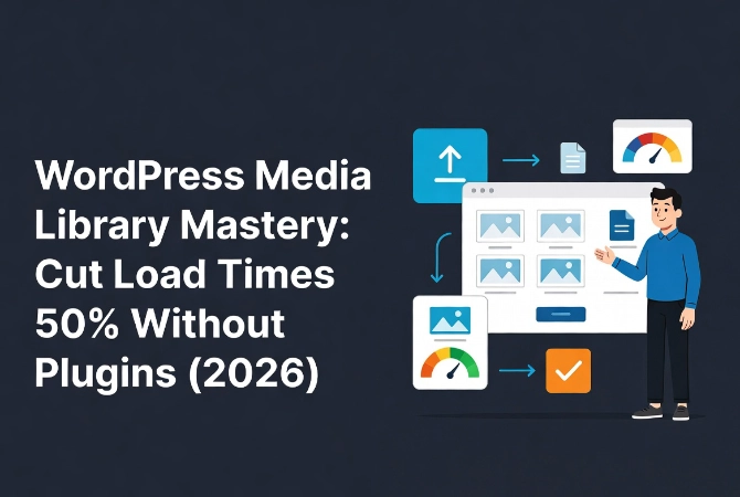 Friendly cartoon man teaching WordPress Media Library optimization with speed indicators and thumbnail grid on dark blue background