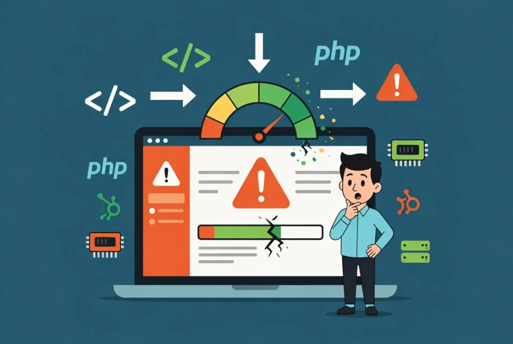 Flat vector illustration of WordPress memory exhaustion error concept with overflowing memory gauge and developer