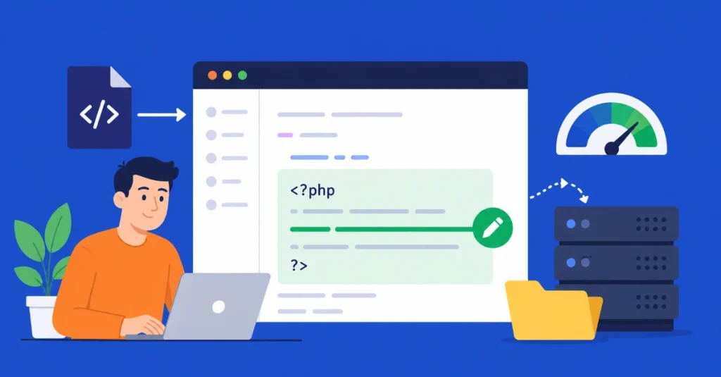 Flat vector illustration of a beginner editing WordPress wp-config.php file to increase PHP memory limit on a server dashboard