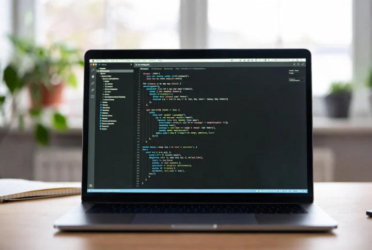 Laptop on wooden desk displaying PHP code for WordPress memory limit in wp-config file