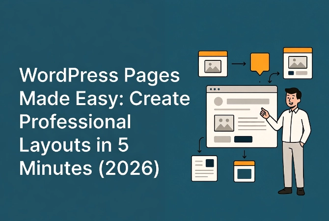 Friendly cartoon man teaching WordPress page editor with simple layout blocks and workflow arrows on teal background