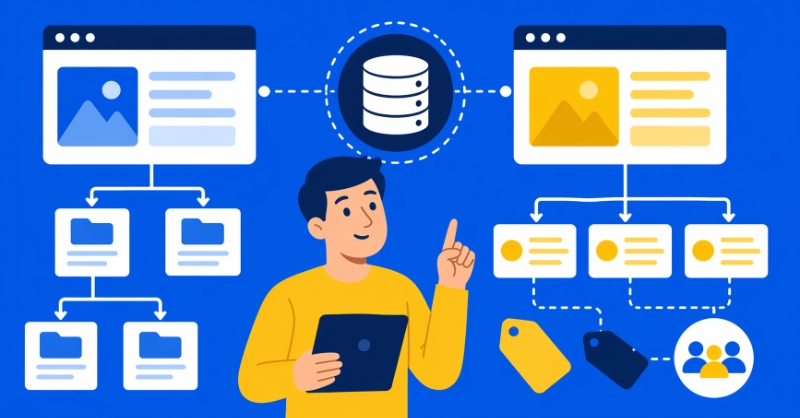 Flat vector illustration showing WordPress pages vs posts structure with hierarchical pages, posts, categories, and database connections