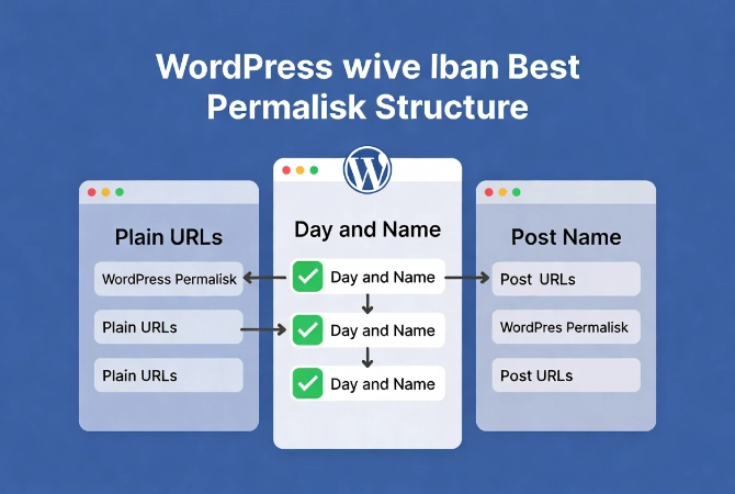 Flat vector comparison of WordPress permalink structures showing plain URLs, day and name, and post name options with browser windows and checkmark icons