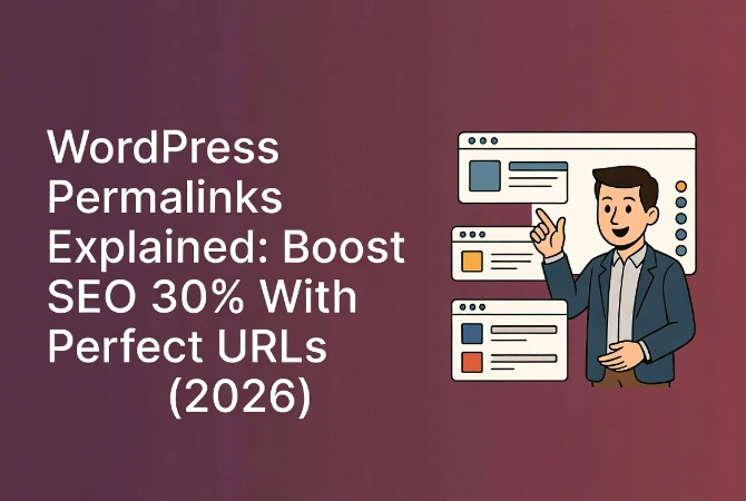 Man teaching WordPress permalinks with browser windows showing clean URLs in flat vector style
