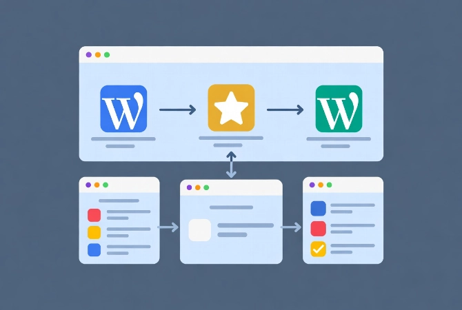 Flat vector illustration of WordPress permalink process with browser windows, icons and workflow arrows showing URL structure and rewrite system