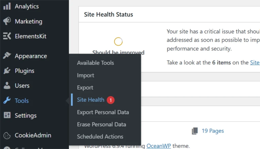 WordPress admin dashboard showing Site Health Status with critical issue warning in Tools menu
