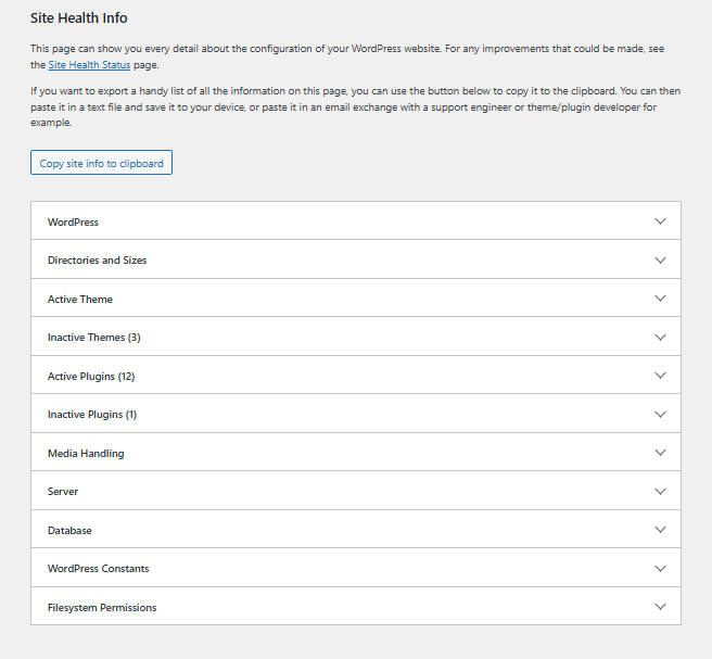WordPress Site Health Info page displaying detailed configuration sections and copy button