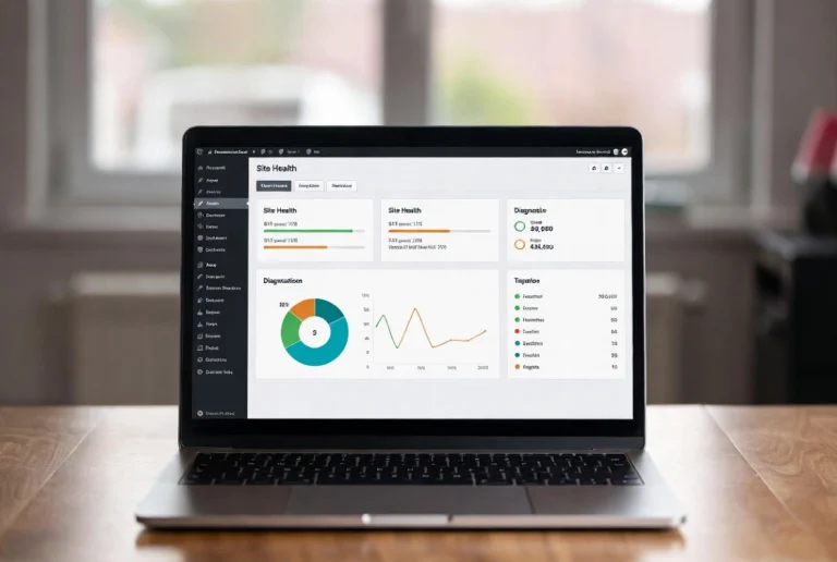 Laptop displaying WordPress Site Health tool on a sunlit desk in home office setup
