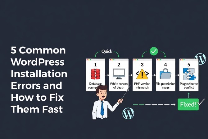 Friendly cartoon instructor pointing to five common WordPress installation errors with icons and workflow arrows showing quick fixes