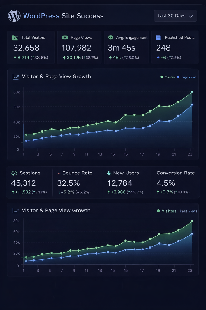 Analytical dashboard displaying website performance metrics including page load speed, core web vitals, and traffic trends.