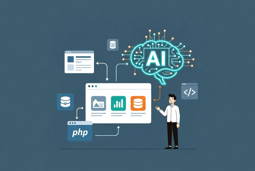 AI agent connecting to WordPress dashboard via workflow arrows in flat vector style