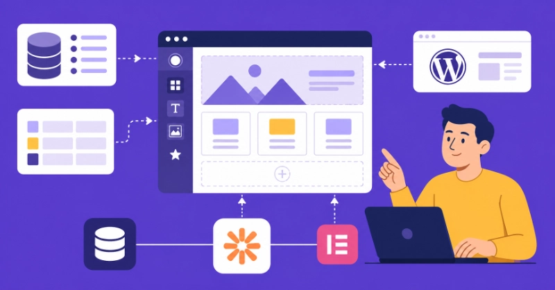 Flat vector illustration showing AI connecting to WordPress, database, and Elementor page builder through Novamira workflow automation.