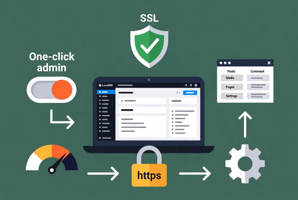 Local WordPress configuration illustration featuring dashboard, SSL trust shield, admin toggle, and database workflow arrows.