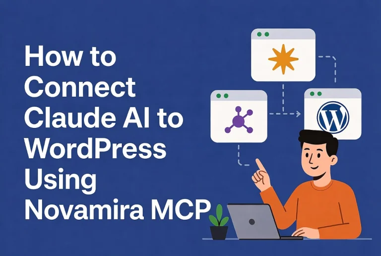 Flat vector illustration showing how to connect Claude AI to WordPress using Novamira MCP with workflow diagram and cartoon developer