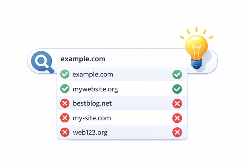 Search bar showing domain name examples with green checkmarks for good options and red icons for bad choices.
