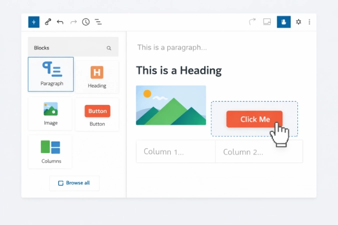 WordPress Gutenberg editor interface featuring a structured layout with heading, text, and image blocks.
