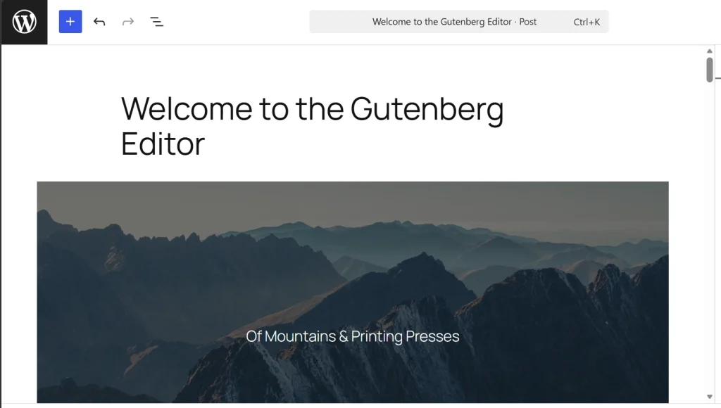WordPress Gutenberg editor welcome screen displaying mountain landscape cover image with title text overlay