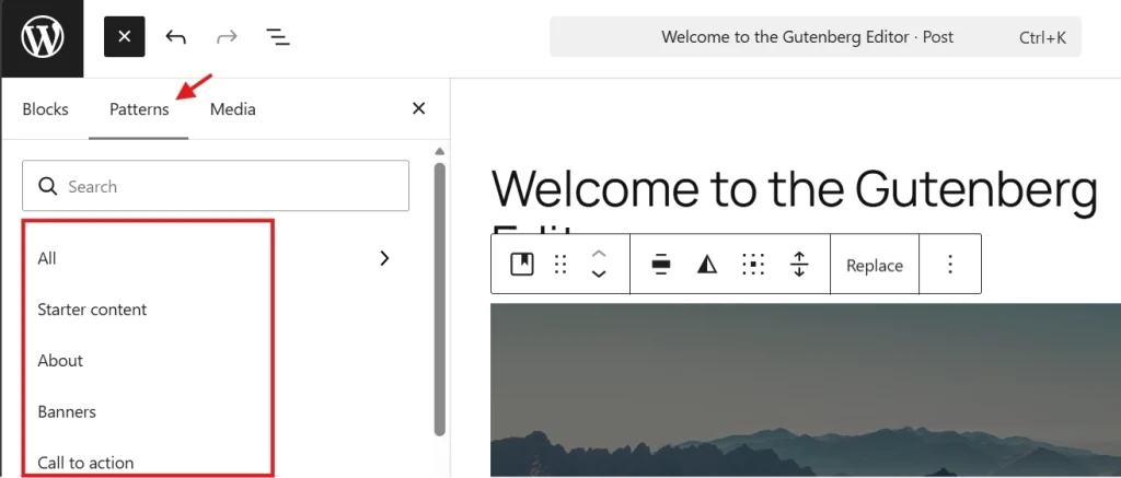 WordPress Gutenberg editor open to Patterns tab with sidebar categories like starter content and banners highlighted