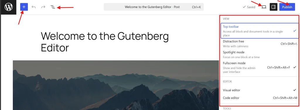 WordPress Gutenberg editor with top toolbar enabled in view settings panel highlighted