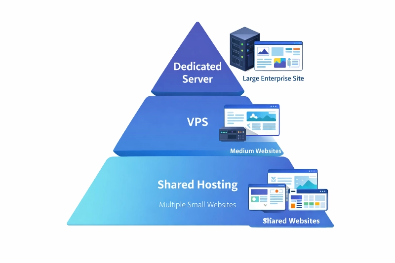 Hosting pyramid diagram ranking shared hosting, VPS, and dedicated servers by website size and enterprise requirements.