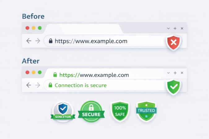 Side-by-side comparison of insecure HTTP protocol with a red unlocked icon versus secure HTTPS with a green padlock.