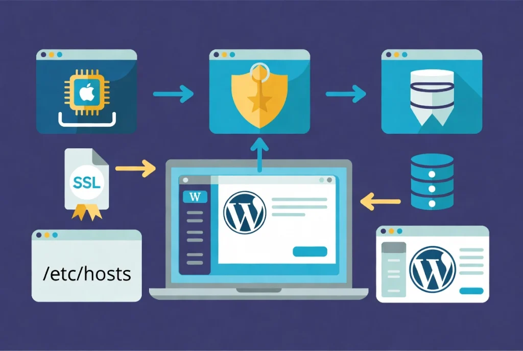 Mac local WordPress installation illustration with LocalWP workflow arrows, laptop interface, and security permission icons.